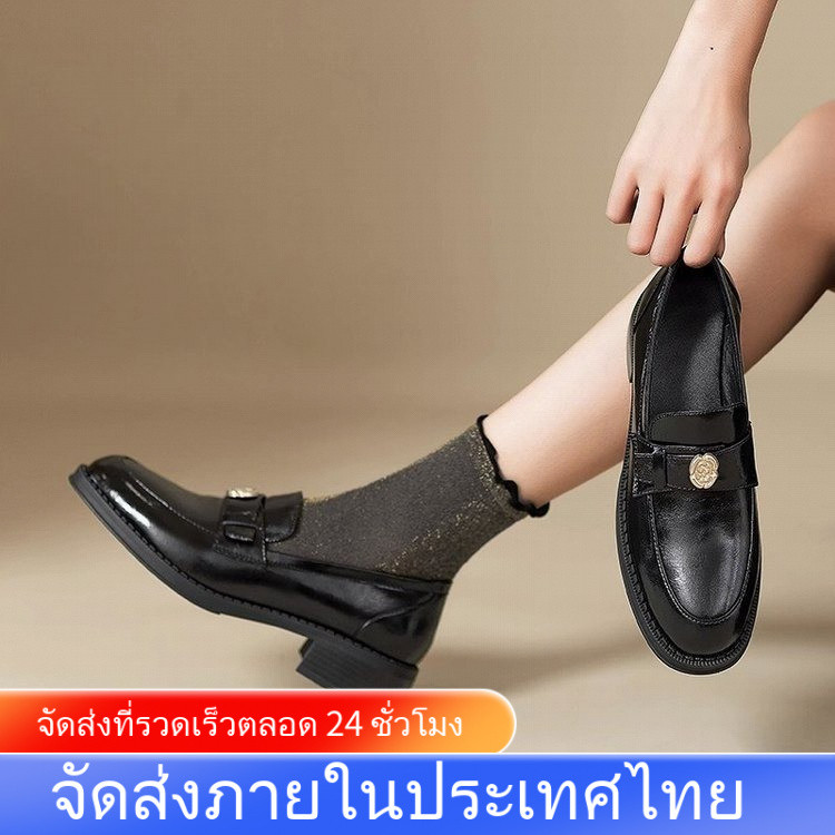 [จัดส่งในประเทศไทย] ฝรั่งเศสวินเทจอังกฤษสไตล์หยาบส้นรองเท้า Lefu หนังแท้เท้าเดียวเหยียบ Camellia รองเท้าหนังขนาดเล็ก