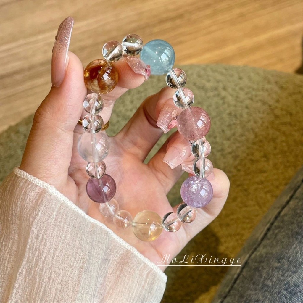 สร้อยข้อมือคริสตัลผสมลูกกวาดสีสันสดใสสําหรับผู้หญิงพลอยสีฟ้าอเมทิสต์สีชมพูควอตซ์ซิทรินสตรอเบอร์รี่ควอตซ์สร้อยข้อมือลูกปัด