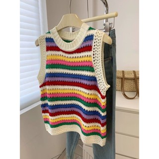 เสื้อกั๊กไหมพรมลายทางสีรุ้งบล็อกสีสำหรับผู้หญิง เสื้อแขนกุดค…