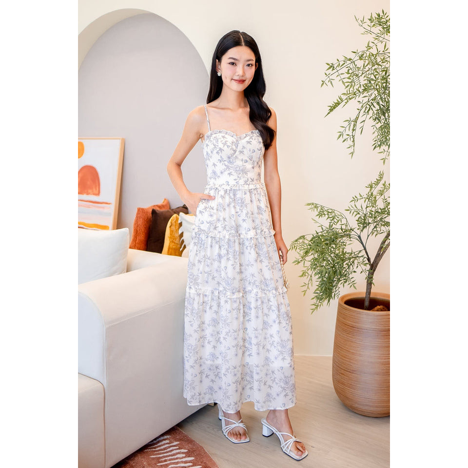 MOISELLE PADD RUFFLES MAXI DRESS สีฟ้า