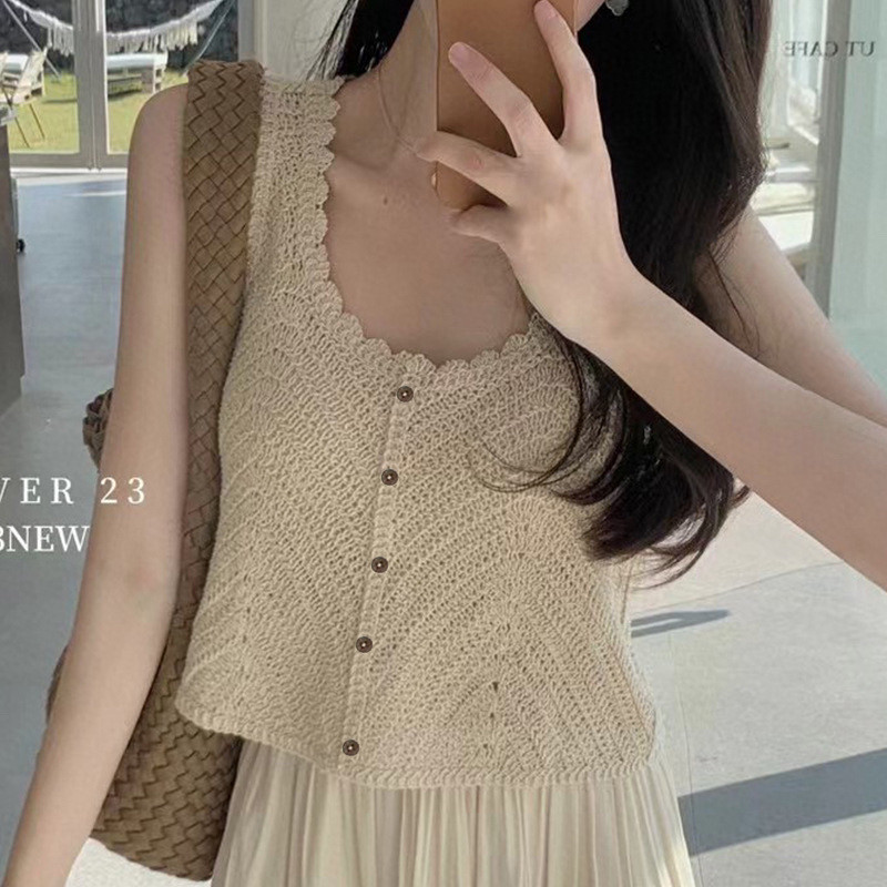 เสื้อสั้นโครเชต์แขนกุดสไตล์ใหม่ ออกแบบให้ใส่ได้นอกใน เหมาะสำหรับฤดูร้อน