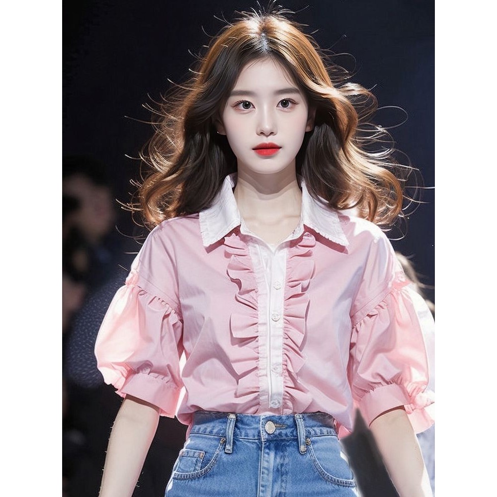 2025 ฝรั่งเศสใหม่หวานสีชมพูใบบัวคอปกเสื้อฤดูร้อนน่ารักบางอารมณ์กลางแขนยาวด้านบน