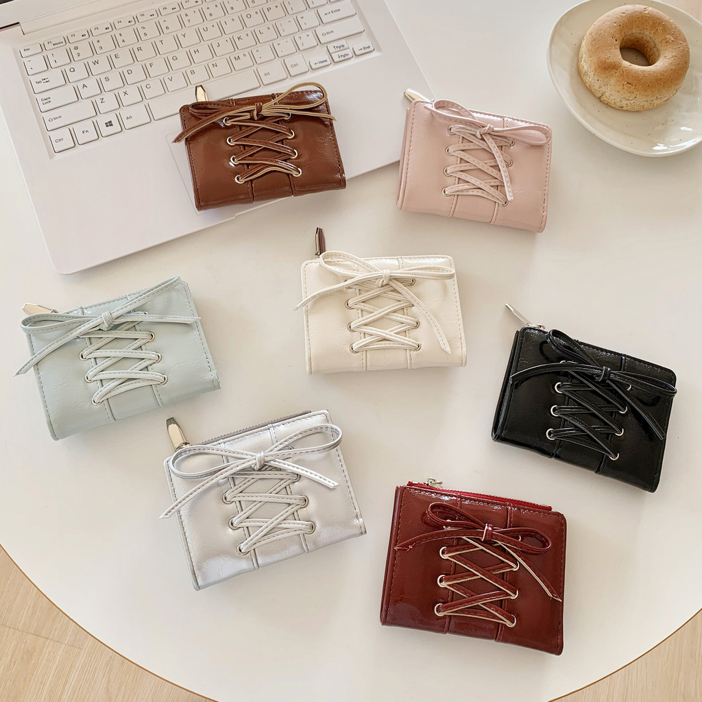 สไตล์สั้น Delicacy Bow กระเป๋าสตางค์ผู้หญิงน่ารัก Mini Multifunctional Multi Card Case กระเป๋าสตางค์เงินสด