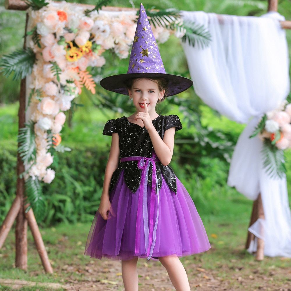 ชุดคอสเพลย์แม่มดสำหรับเด็ก ชุดเจ้าหญิงฮาโลวีน ลายตาข่ายยาวถึงเข่า + หมวก ddh20250630