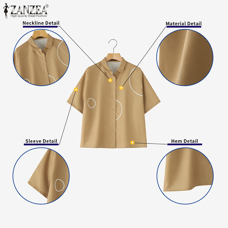 ZANZEA เสื้อแฟชั่นคอปกแขน3/4 หลวม พิมพ์ลายเกาหลีสำหรับผู้หญิง ราคา ถูกที่สุด ดีลบีเคเค แกลเลอรีภาพที่ 7