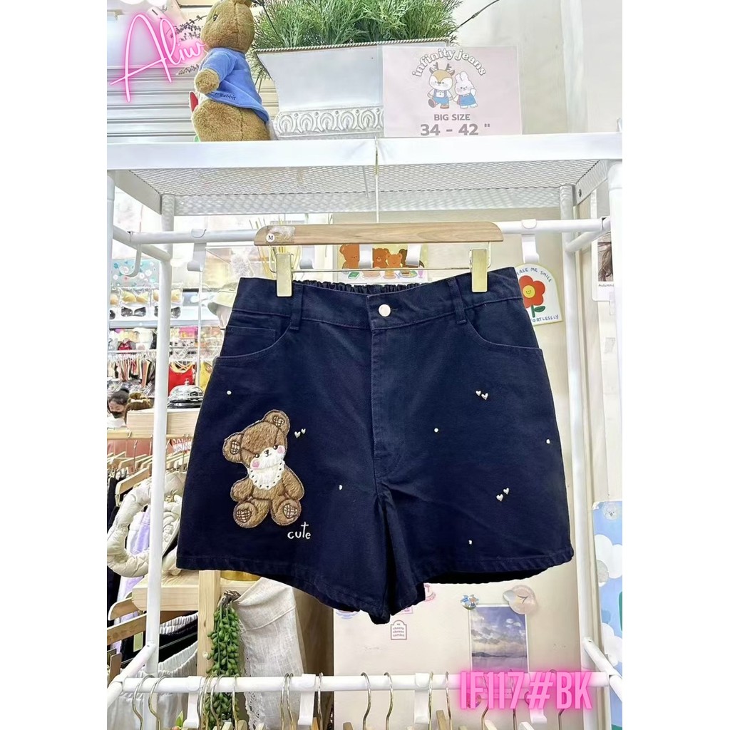 PLUS ขนาดกางเกง [ยาง EMBROIDER PATTERN กางเกงยีนส์สั้นกางเกง ] IF117BK IFfitfitting กางเกงขาสั้น