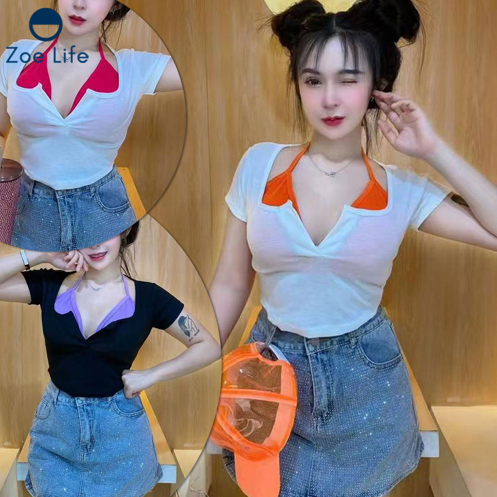 เสื้อยืดแขนสั้นไม่สมมาตร ชุด 2 ชิ้น ดีไซน์เก๋ๆ เหมาะสำหรับสาวๆ – โปรปัง
