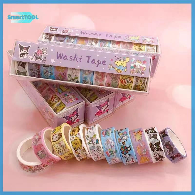Utzn> 10 ชิ้น Sanrio Washi เทปชุดน่ารัก Kuromi, My Melody & Cinnamoroll ออกแบบสติกเกอร์การ์ตูนสําหรับ Journaling และ Crafting ใหม่