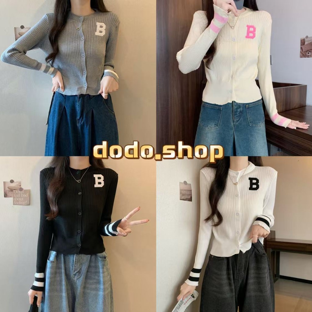 DODO*สินค้าพร้อมส่ง*เสื้อคาร์ดิแกนแขนยาว ผ้าถักปักลายตรงอก สไตล์เกาหลี (12343)