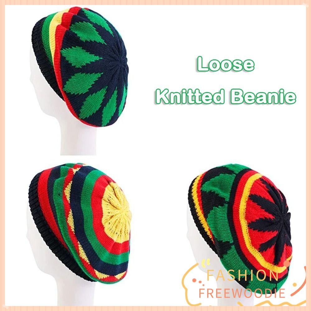 Freewoodie หมวกถักนิตติ้งหลวม, ขนสัตว์ถักหมวกสายรุ้งที่อบอุ่น, คลาสสิกนุ่มจาไมกาเนะเร้กเก้หมวกเบเร่ต์
