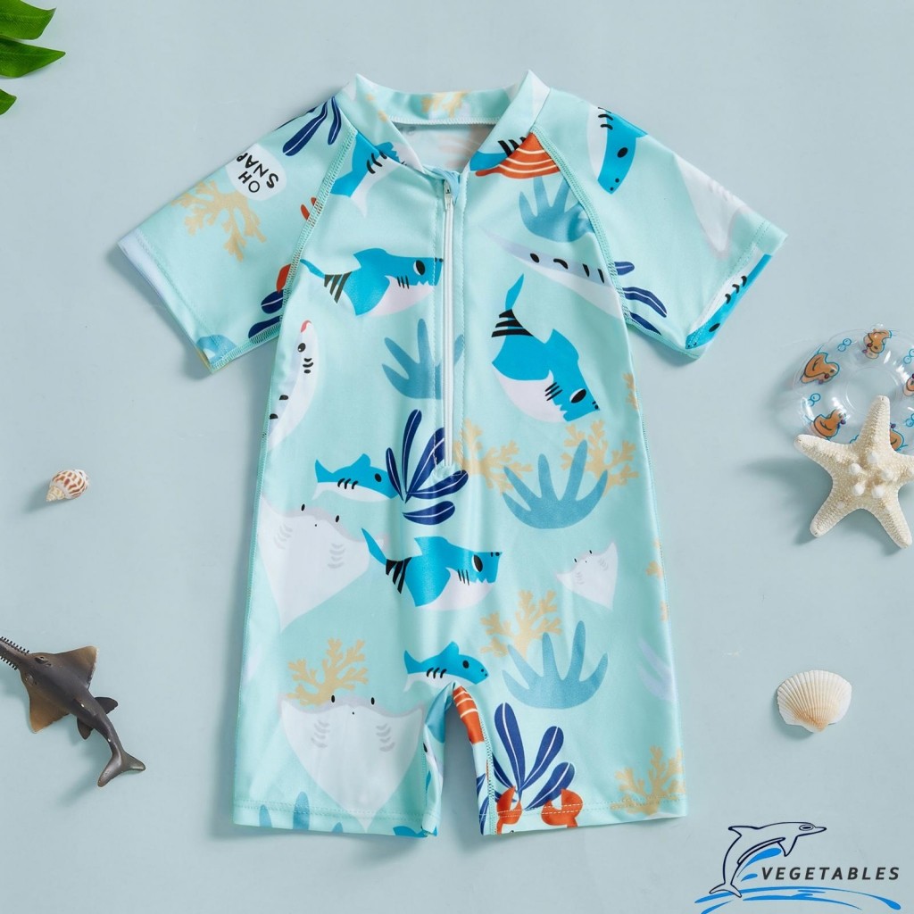 Zhy-toddler Boy ชุดว่ายน้ําแขนสั้น Mock คอสัตว์ทะเลพิมพ์ Zip Up Rash Guard ชุดว่ายน้ํา