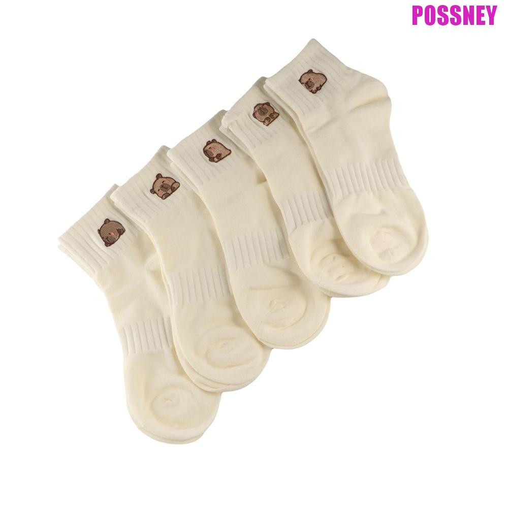 ถุงเท้า POSSNEY Capybara, ถุงเท้าผ้าฝ้ายสีขาวการ์ตูน, Simple Soft Elastic Breathable Summer Hosiery Outdoor