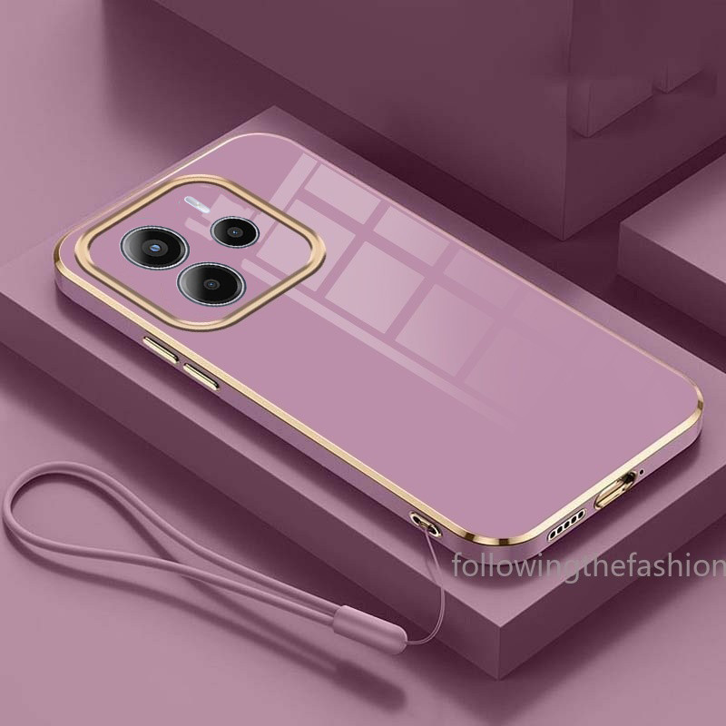 ปลอกสําหรับ Redmi หมายเหตุ 14 4G Note14 Pro 5G 14Pro Pro + Luxury Square Edges ชุบกลับ TPU Soft Case พร้อมเชือกเส้นเล็กปลอกเคลือบเงา