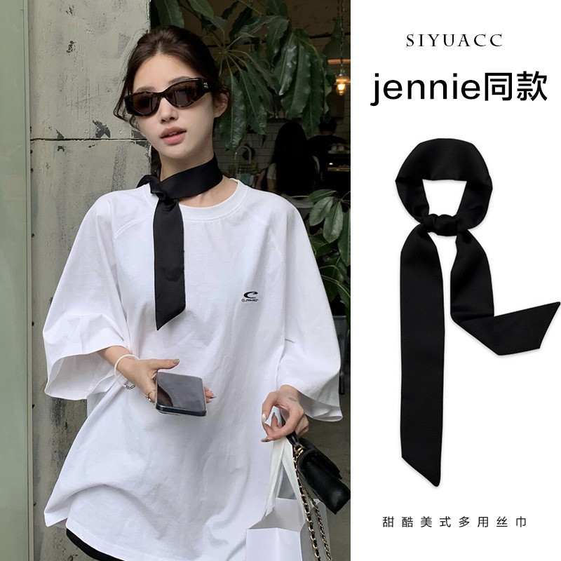 ผ้าพันคอไหมสีดำสไตล์เกาหลีสไตล์หวานและเท่แบบยาวสไตล์ชิวๆสบายๆอุปกรณ์เสริมผ้าพันคอไหมริบบิ้นสีแดงออนไลน์