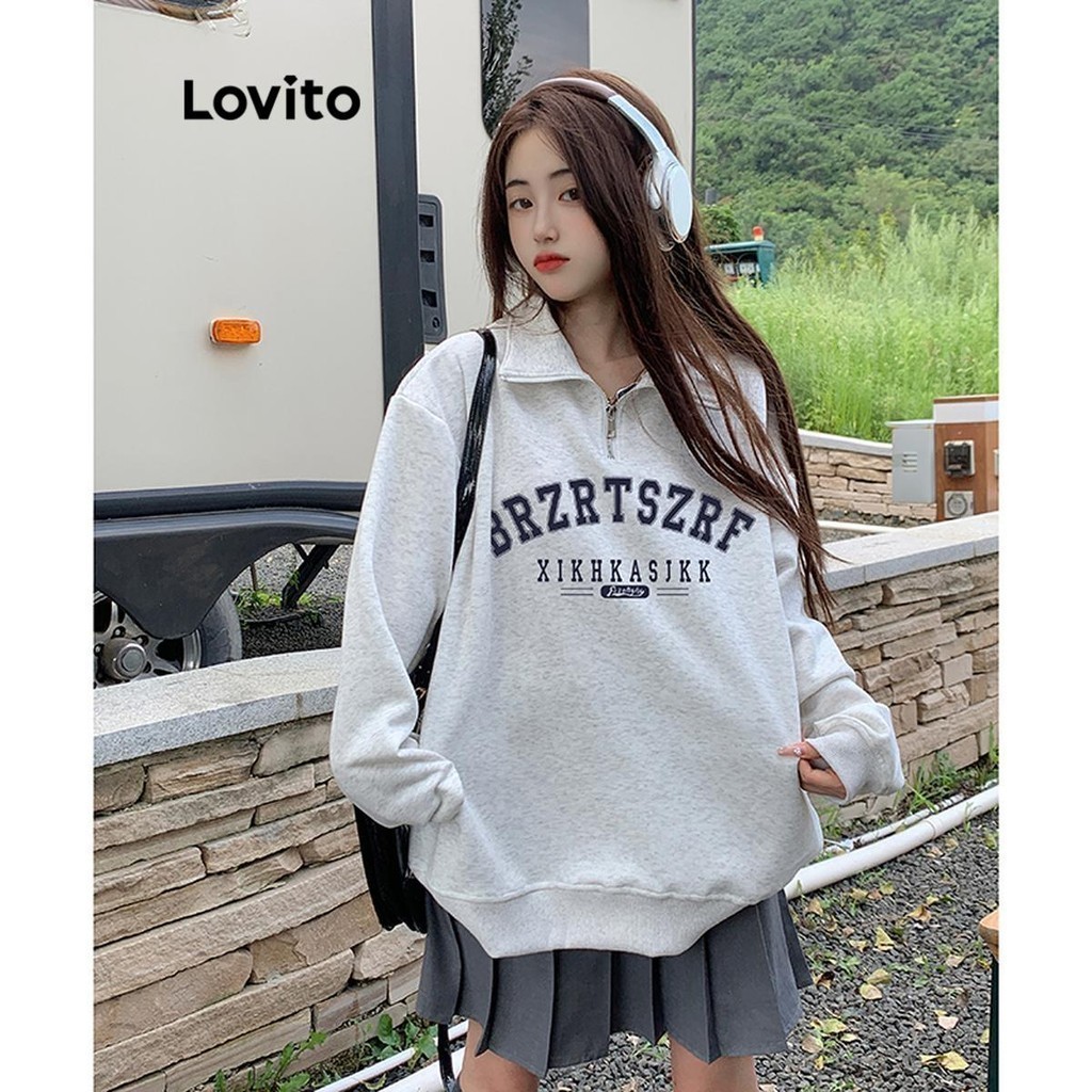 Lovito เสื้อกันหนาวสีพื้น เสื้อกันหนาวมีซิปสําหรับผู้หญิง LNA70581