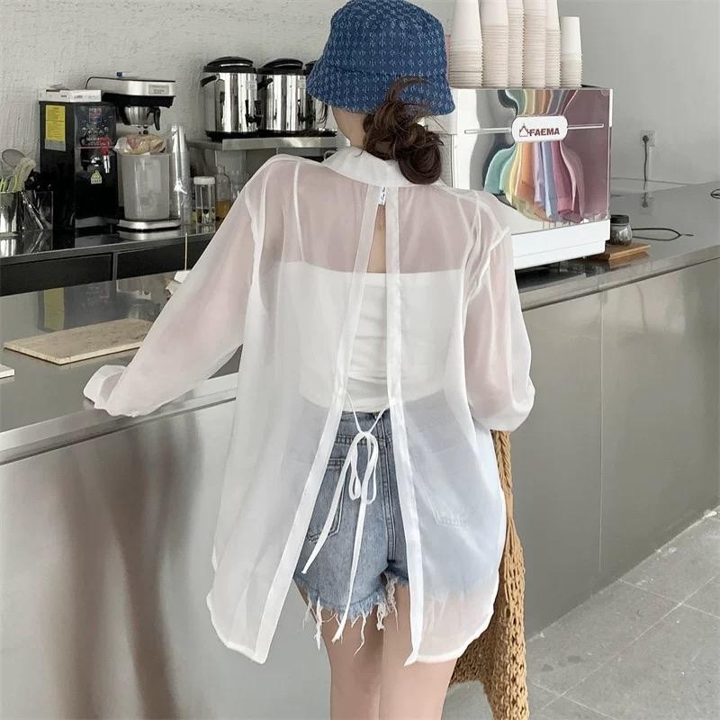 Dahong เสื้อเชิ้ตแขนยาว เสื้อคาร์ดิแกนผ้าชีฟองคลุมไหล่กันแดดแขนยาว  สีพื้น เกาหลี สาวเวียด C187 Women