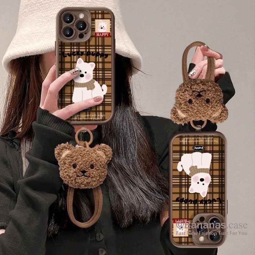 Iphone 16 15 14 13 12 11 Pro Max X Xr Xs Max 7 8 Plus SE2020 เคสโทรศัพท์การ์ตูนสีน้ําตาลตาหมากรุก Western Highlands Puppy + Lanyard คู่นุ่มปกหลัง