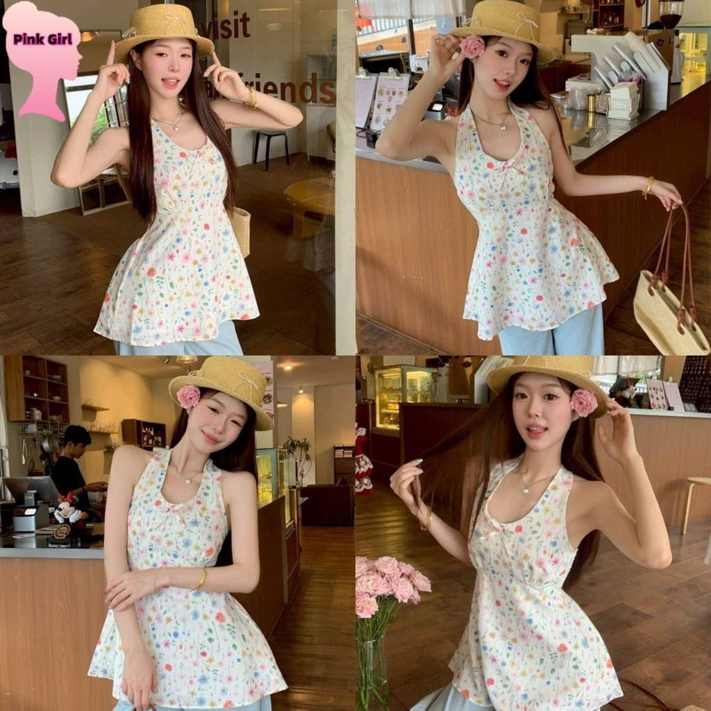 💋Pink girl💋​พร้อมส่ง มินิเดรส คล้องคอ คาวาอี้ ลายดอกไม้ ใส่สบายมาก' 8K185