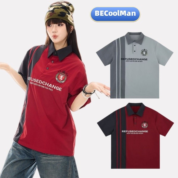 💥 BECoolMan 💥 เสื้อโปโลผู้ชาย  สไตล์ฮิปฮอป  เสื้อยืดคอปก ใส่ได้ทั้งชายและหญิง  แบบหลวม