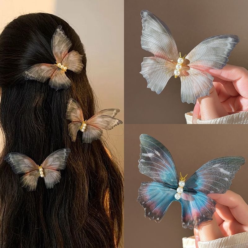 กิ๊บติดผมผีเสื้อ double-layer organza ชีฟองเพิร์ล สไตล์โบราณสำหรับเจ้าสาวและ fairy