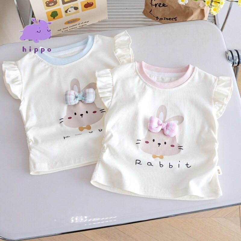 เสื้อยืดฤดูร้อนใหม่สำหรับเด็กผู้หญิง ดีไซน์แขนลอยสุดเก๋ พิมพ์ลายกระต่ายน่ารัก ตกแต่งด้วยโบว์ 3 มิติ