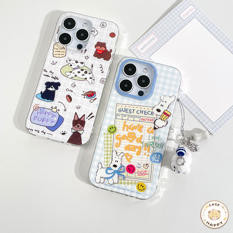 เคสไอโฟน 15 สำหรับ IPhone 13 12 16 14 11 Pro Max 15 14 16 Plus 16 15 13 14 Pro ลูกสุนัขน่ารักลายตารางสีน้ำเงิน IMD ใหม่