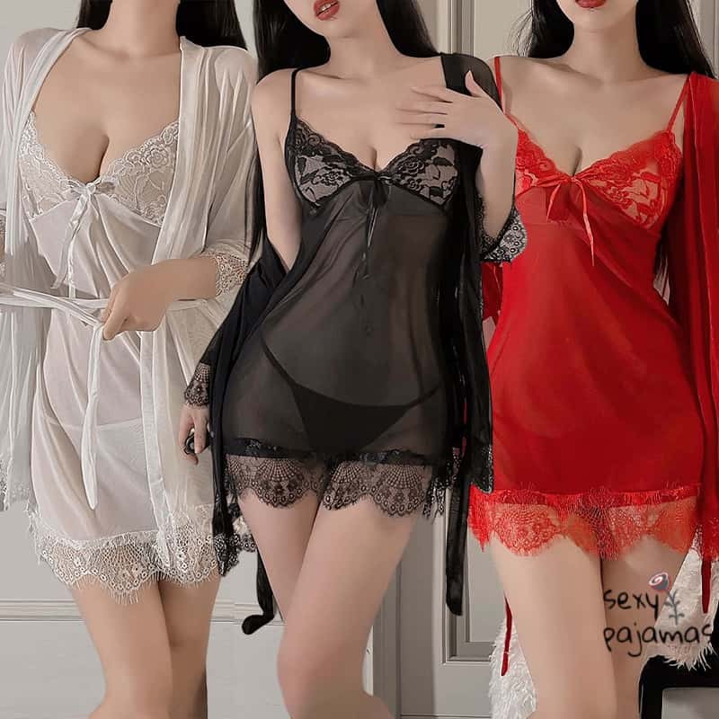 sexy pajamas🤍🤎ชุดนอนซีทรู แขนยาว สายเดี่ยว ชุดนอน sliptosleep คอวี ชุดยั่วผัว ลูกไม้เซ็กซี่ พร้อมส่งจากไทย