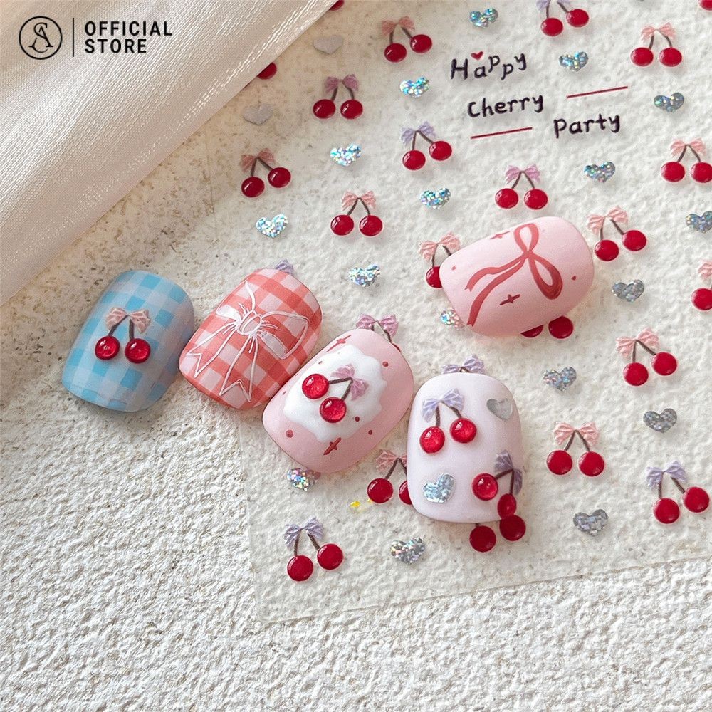 สติ๊กเกอร์เล็บเชอร์รี่สีแดง น่ารักหวานโบว์เชอร์รี่สติกเกอร์ตกแต่งเล็บ