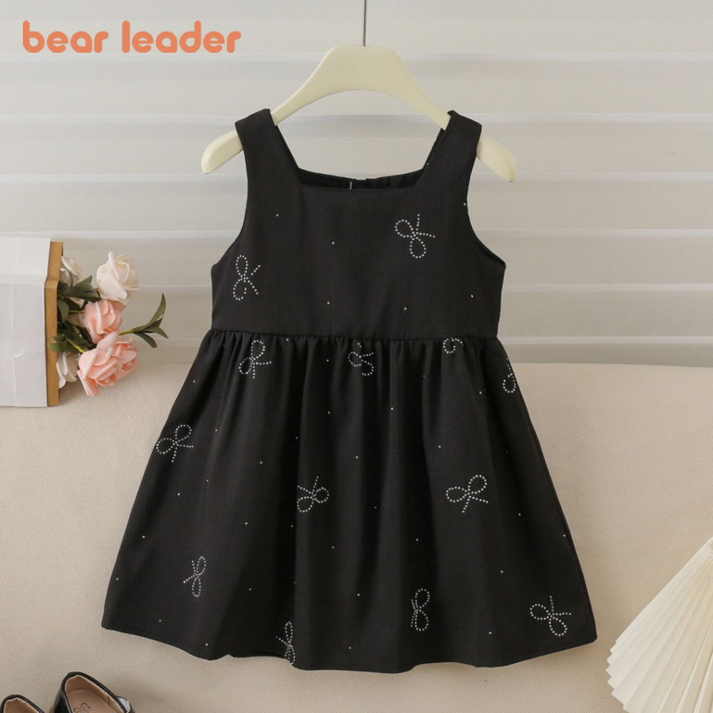 Bear Leader เวอร์ชั่นเกาหลีชุดเดรสแขนกุดเพชรสดใสโบว์สีดํา 2-7 ปีเสื้อผ้าเด็กผู้หญิงธรรมดา