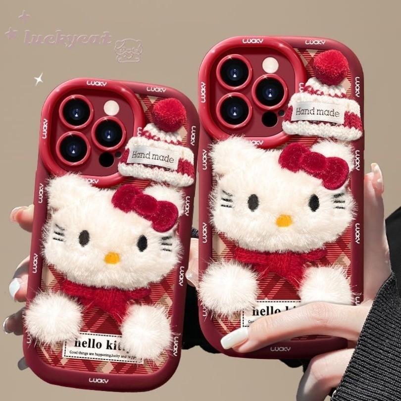 IPhone 16 15 14 13 12 11 Pro Max X Xr Xs Max 7 8 Plus SE2020 เคสโทรศัพท์น่ารักหวานสีแดงตุ๊กตาแมว+Lanyard คู่ฝาครอบโทรศัพท์นุ่ม