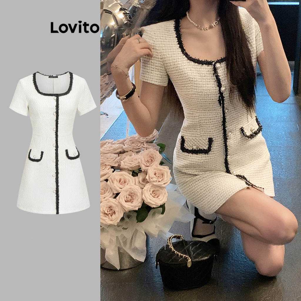 Lovito ชุดเดรสผู้หญิง สีพื้น แต่วขอบสี สไตล์ลำลอง L67AD098 (สีขาว)
