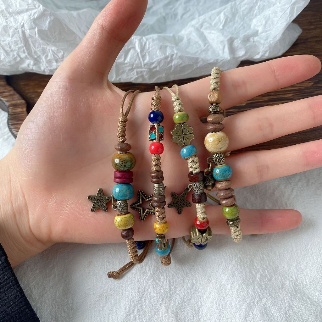พร้อมส่งในไทยสร้อยข้อมือ ประดับลูกปัดเซรามิค รูปกรวย ดาวห้าแฉก สไตล์ชนเผ่า