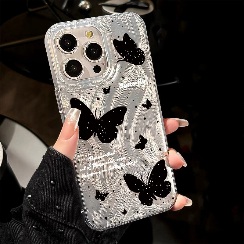 เคสไอโฟน11 16 เคส รูปแบบผีเสื้อ Feather Laser Case For iPhone 11 12 13 14 15 Pro X XR XS MAX 7P 8PSE เคสโทรศัพท์ แฟชั่น