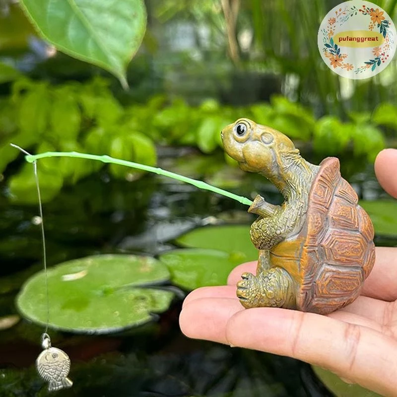 Pufanggreat Creative เชือกตกปลาเต่ารูปปั้นน่ารักจําลองเต่าเรซิ่นตุ๊กตาสัตว์ประติมากรรมเครื่องประดับกลางแจ้งตกแต่งสวน TH