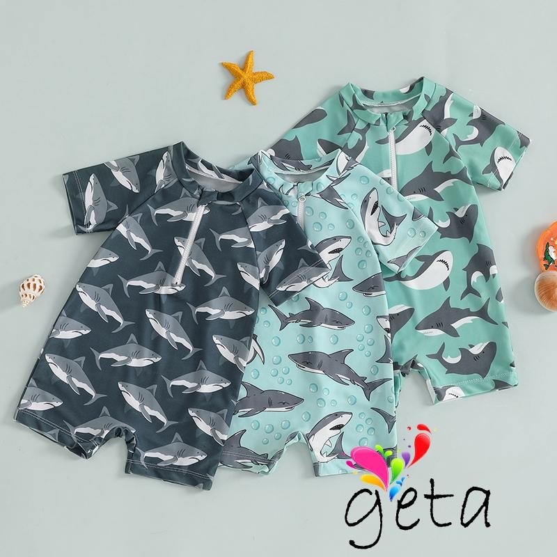 Ljw-เด็กวัยหัดเดินเด็กทารกชุดว่ายน้ําแขนสั้น Mock คอ Shark พิมพ์ Zip Up Rash Guard ชุดว่ายน้ํา