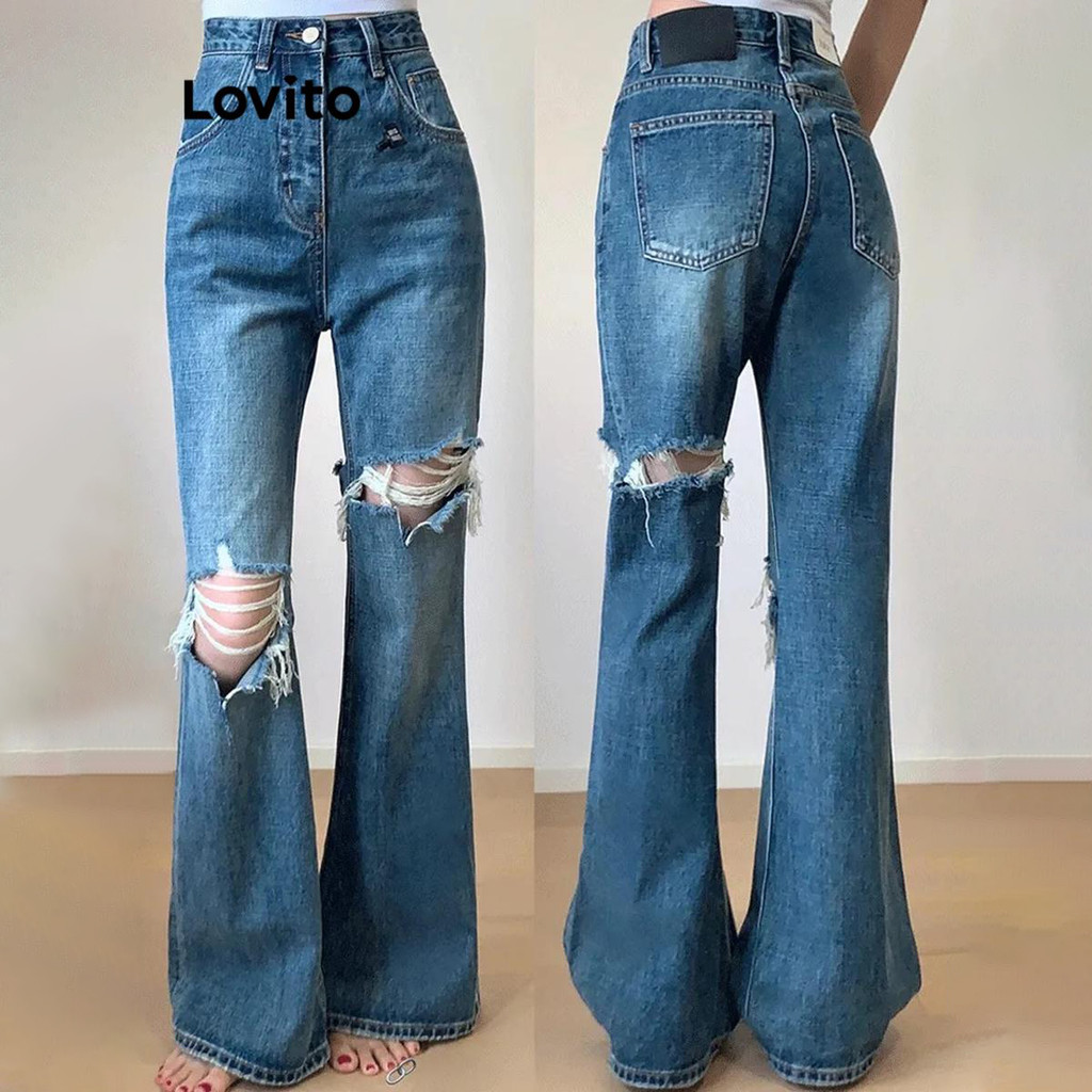 Lovito กางเกงยีนส์ผู้หญิง สีพื้น แต่งขาด สไตล์ลำลอง LNA67364