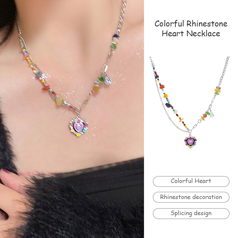 Colorfield สร้อยคอไหปลาร้าหัวใจสีสันสดใส Rhinestone สร้อยคอลูกปัดข้าวธรรมชาติ