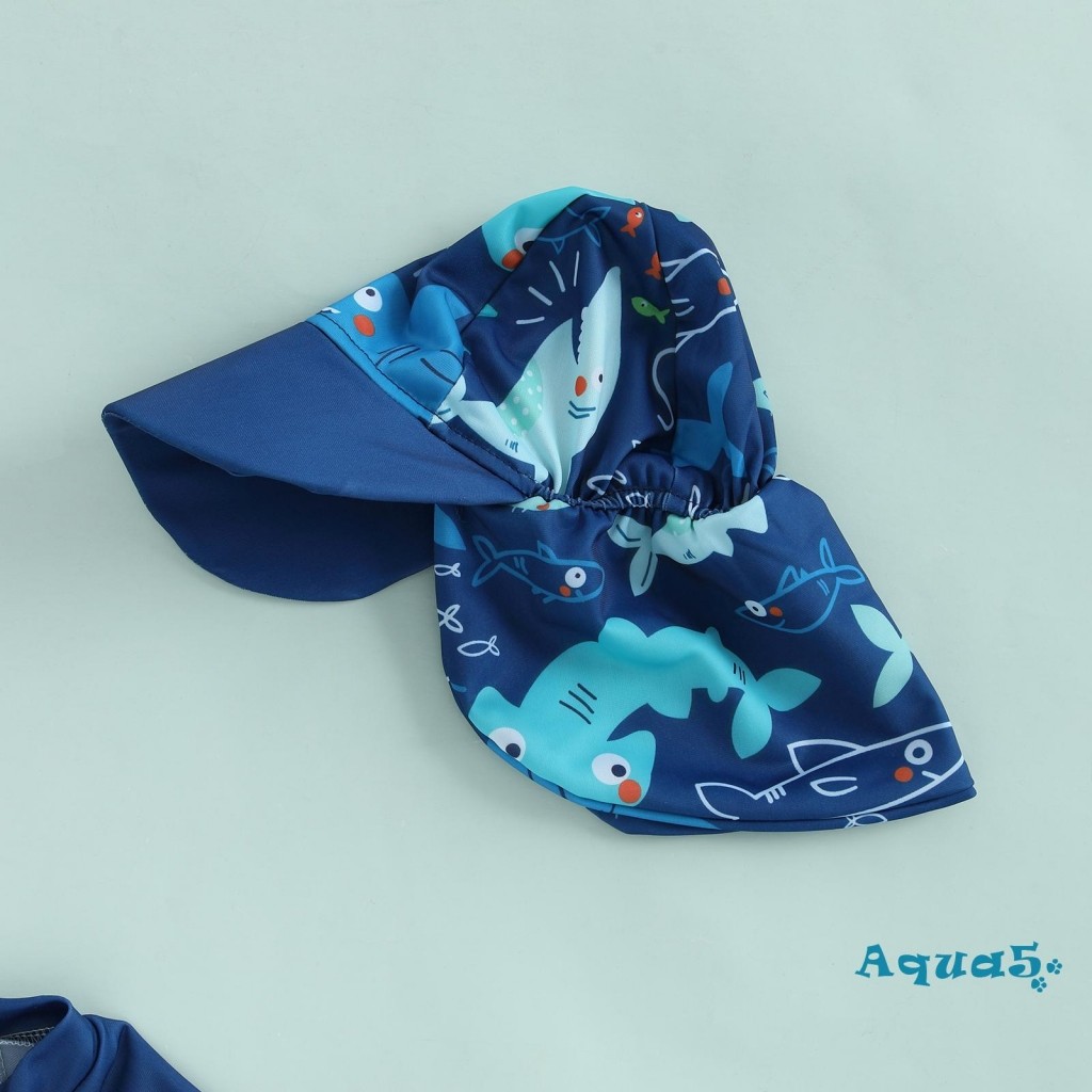 Aqq-toddler Boys Rash Guard ชุดว่ายน้ํา Playsuits Shark พิมพ์ซิปแขนสั้นชุดว่ายน้ําป้องกันแสงแดดพร้อมหมวกว่ายน้ําชุด - รูปที่ 3