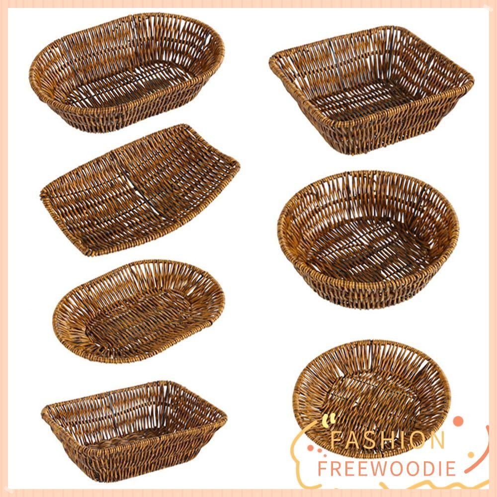 Freewoodie 1 ชิ้นตะกร้าหวายทอมือ, เค้กผักผลไม้หวายรอบรูปสี่เหลี่ยมผืนผ้าถาดเก็บ, เลียนแบบหวายหวายหวายพลาสติกด้ายตะกร้า