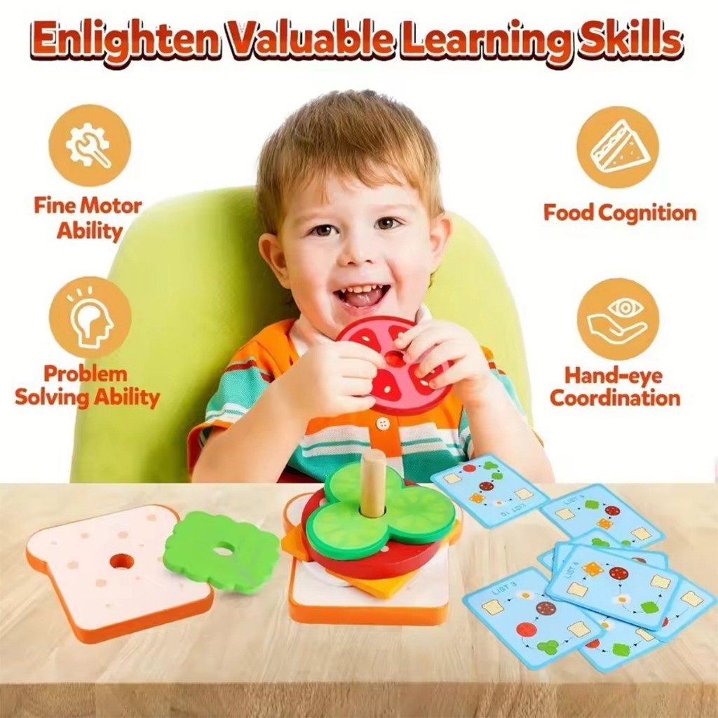 ของเล่นแฮมเบอร์เกอร์ไม้ ชุดของเล่นทำอาหารแซนด์วิช DIY เสริมพัฒนาการเด็กMontessori ราคา ถูกที่สุด ดีลบีเคเค แกลเลอรีภาพที่ 3