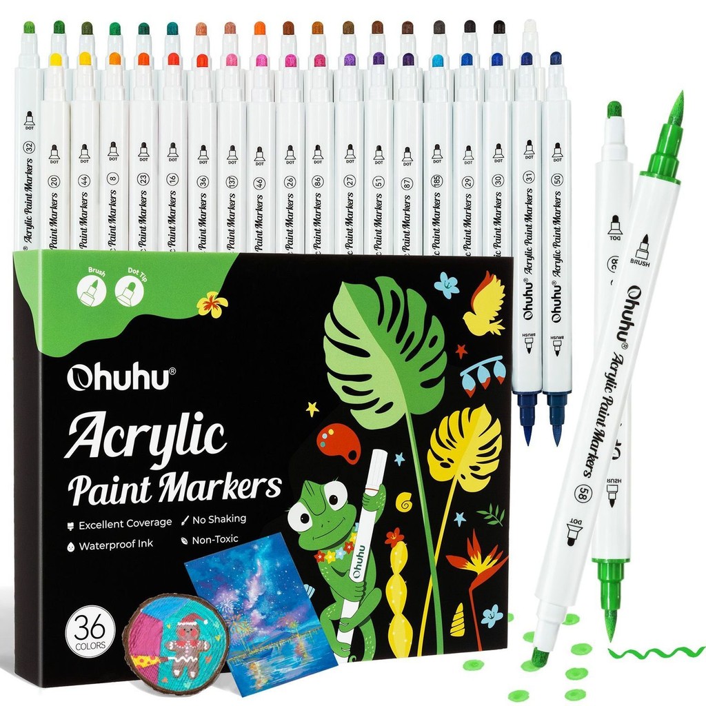 Ohuhu Double-Headed Acrylic Marker 36 สีผ้าฝ้าย Core Type Dot Head หัวนุ่มยืดหยุ่นบางหัวอะนิเมะสองมิ