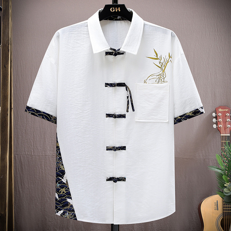 เสื้อแขนสั้นผู้ชาย สไตล์จีน ผ้าไหมน้ำแข็ง ทันสมัย เหมาะสำหรับฤดูร้อน