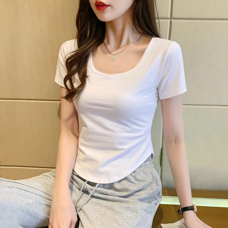เสื้อยืดผู้หญิง เสื้อยืดคอยู สีทึบ เซ็กซี่ แขนสั้น ผิดปกติ ท็อปส์ซูผ้าฝ้าย แสดงผอม เสื้อยืดสาวอวบ เสื้อโอเวอร์ไซส์