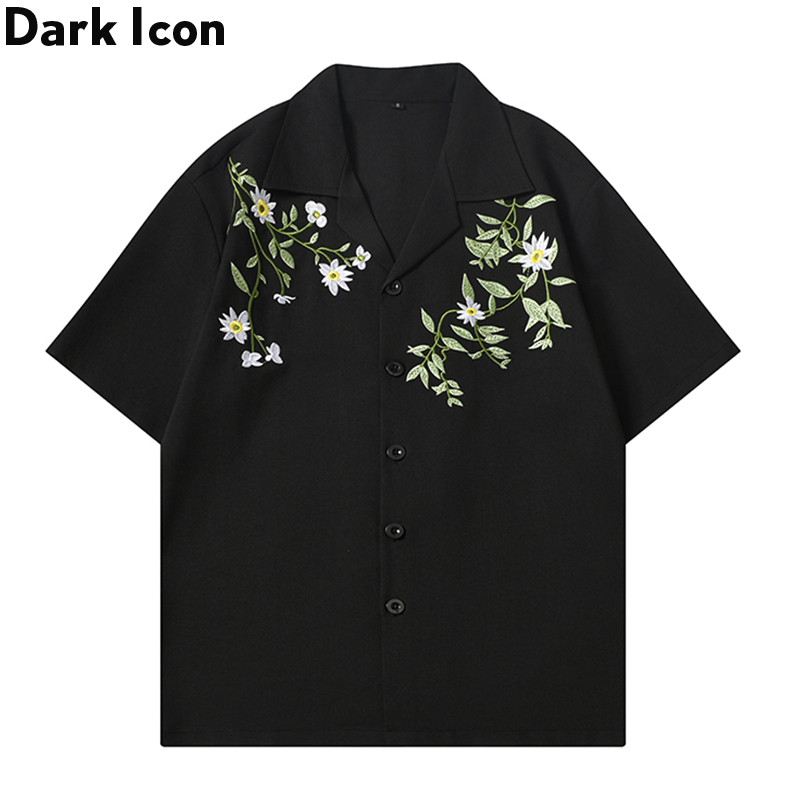 เสื้อเชิ้ตผู้ชายแขนสั้น Dark Icon สไตล์ฮาวาย วัสดุเย็บปักถักร้อย สีดำและสีเบจ