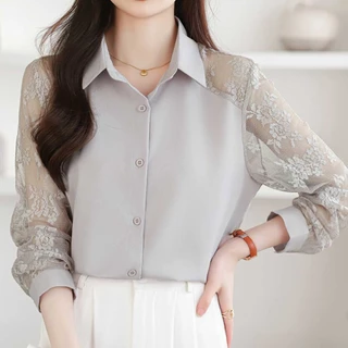เสื้อเชิ้ตแขนยาว ลูกไม้ ผ้าชีฟอง ดีไซน์แฟชั่น