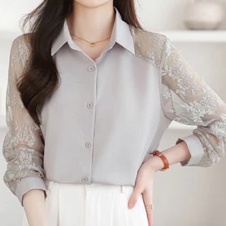 เสื้อเชิ้ตแขนยาว ผสมผ้าชีฟอง ลูกไม้ ทรงสวย