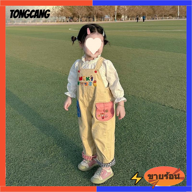 TONGCANG🌷ชุดเอี๊ยม เด็กผู้หญิง แขนกุด การ์ตูน ตัวอักษร พิมพ์ น่ารัก หวาน จั๊มสูทเด็ก