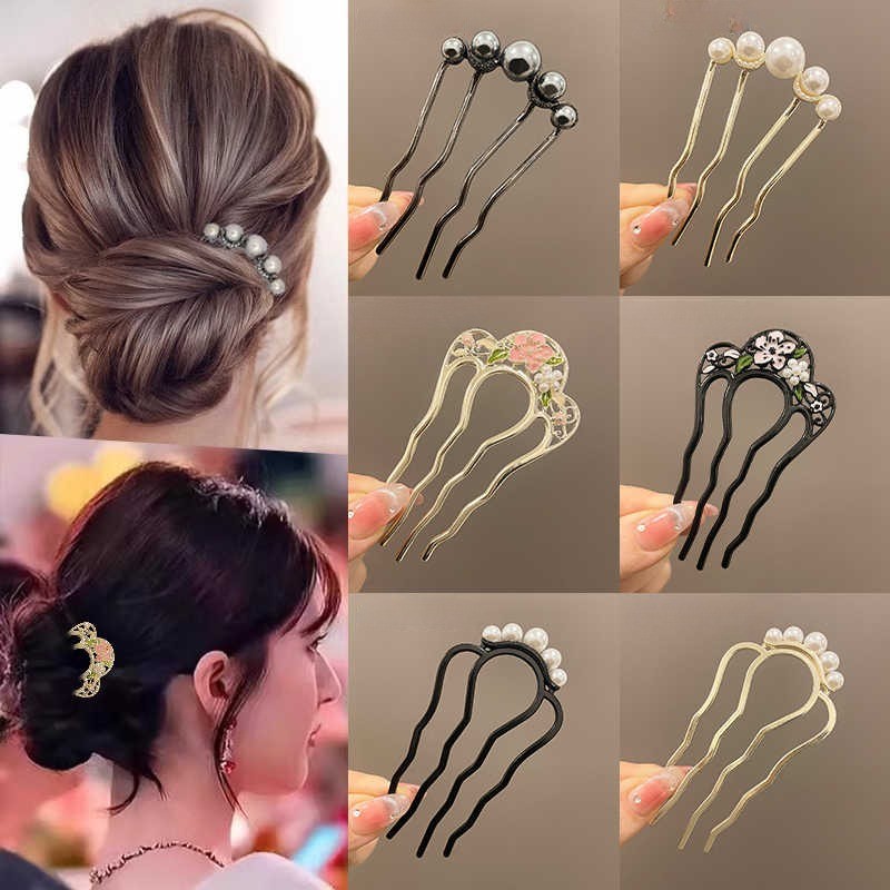 Retro Pearl Flower U-shaped Hairpin ผู้หญิงจานหวีผม Headdress