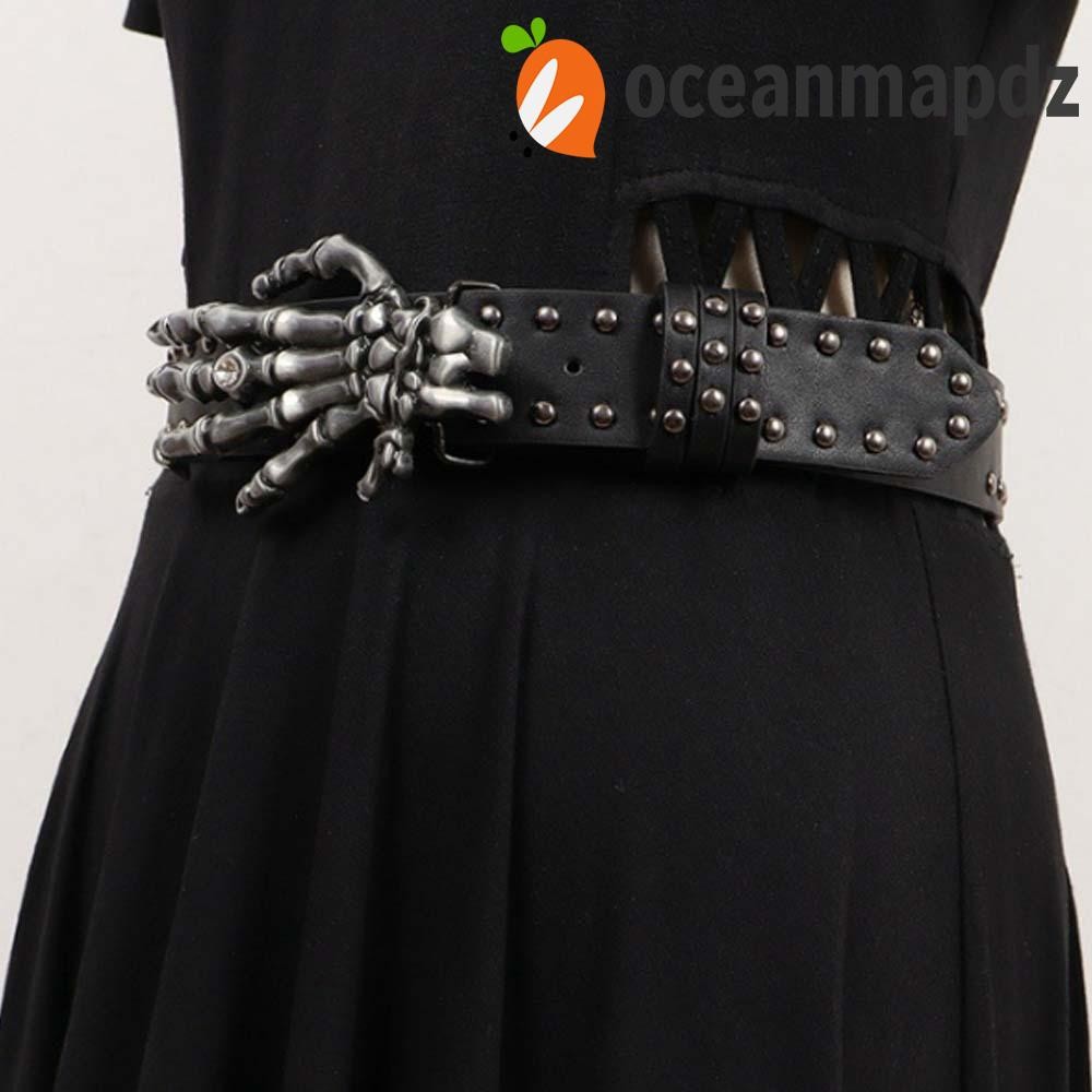 Oceanmapdz Skull เข็มขัดกว้าง, Cool ปรับสีดํา Rivet เข็มขัด, Vintage Alloy PU หนัง Y2K Skeleton Fingers เข็มขัดผู้ชาย