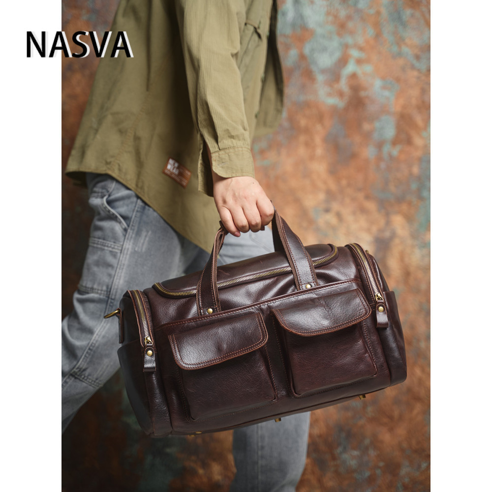 NAVSA หนังแท้ผู้ชาย Retro Duffel กระเป๋าขนาดใหญ่ความจุ First Layer Cowhide กระเป๋าเดินทางระยะทางสั้นแฟชั่นสบายๆ Messen